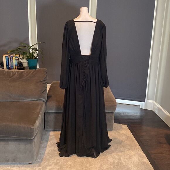 Women’s Black Full Length Chiffon V-Neck Corset Back Dress Leg Split Size 12 - Picture 5 of 14